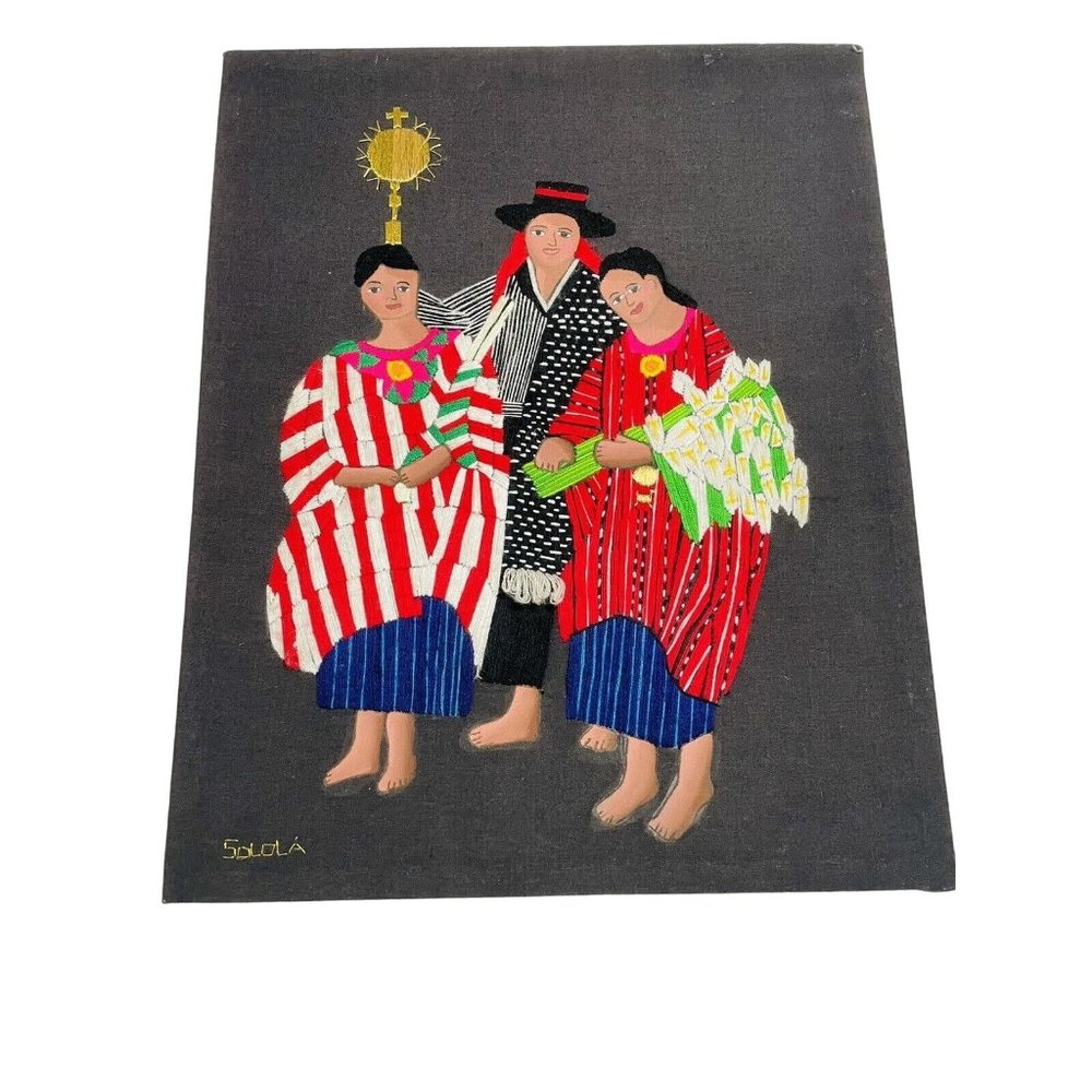Solola Black Stretched Folk Art Embroidered Spanish Textile Frameless Picture